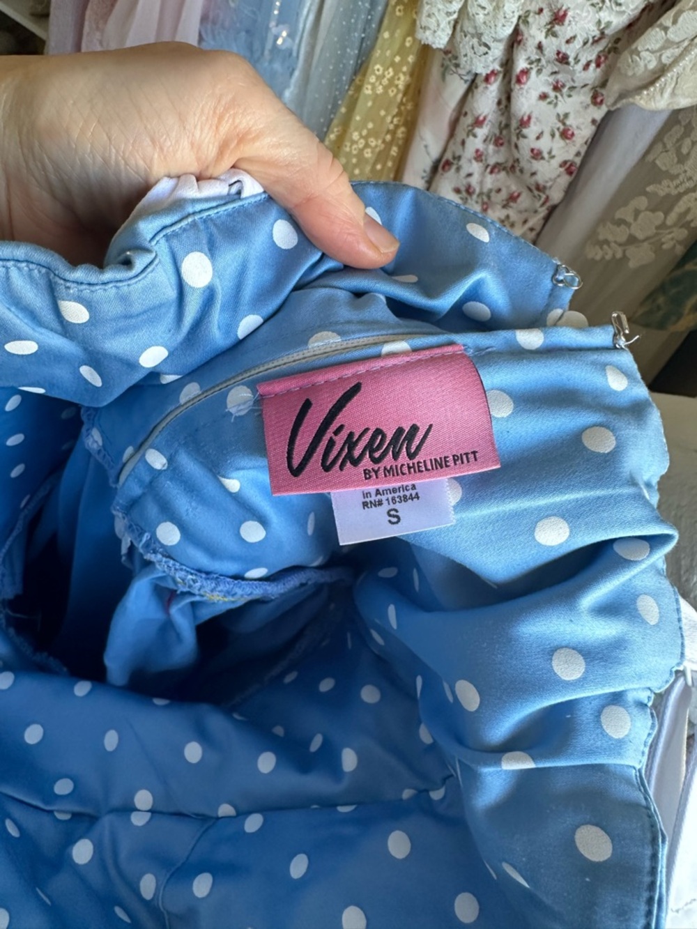 Vixen by Micheline Pitt Blue Polka Dot Fit-and-Flare Dress - Picture 4 of 7